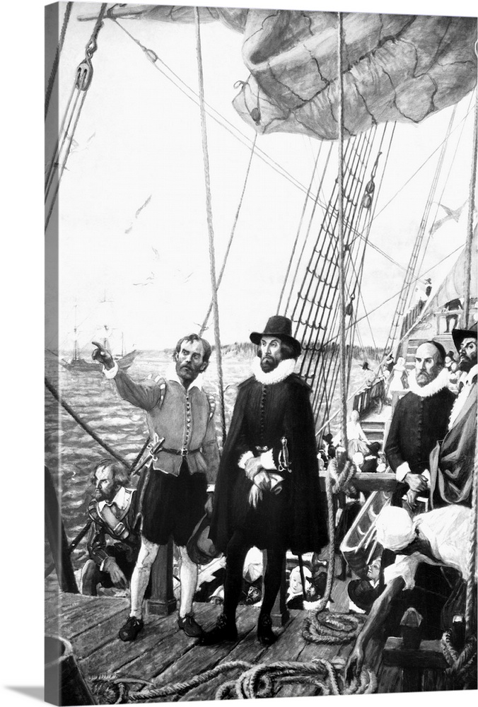 John Winthrop (1588-1649) stands on the deck of the Arabella off the shore of Salem, Massachusetts before landing in 1630....