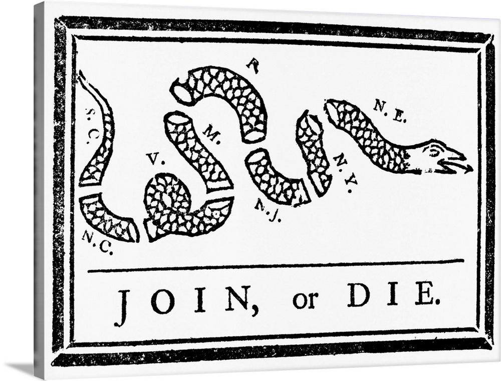 A political cartoon that accompanied an editorial by Benjamin Franklin calling for American colonies to band together for ...