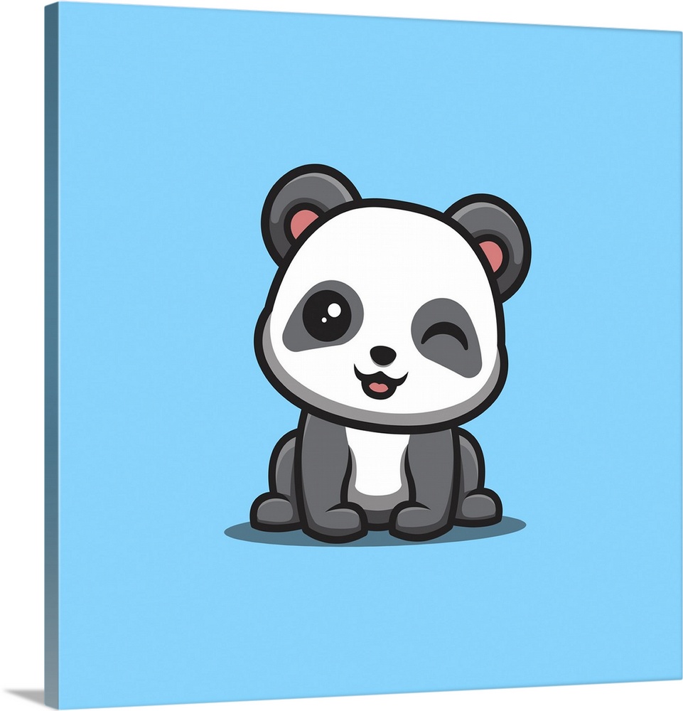 Panda sitting and winking. Cute, creative kawaii cartoon mascot.
