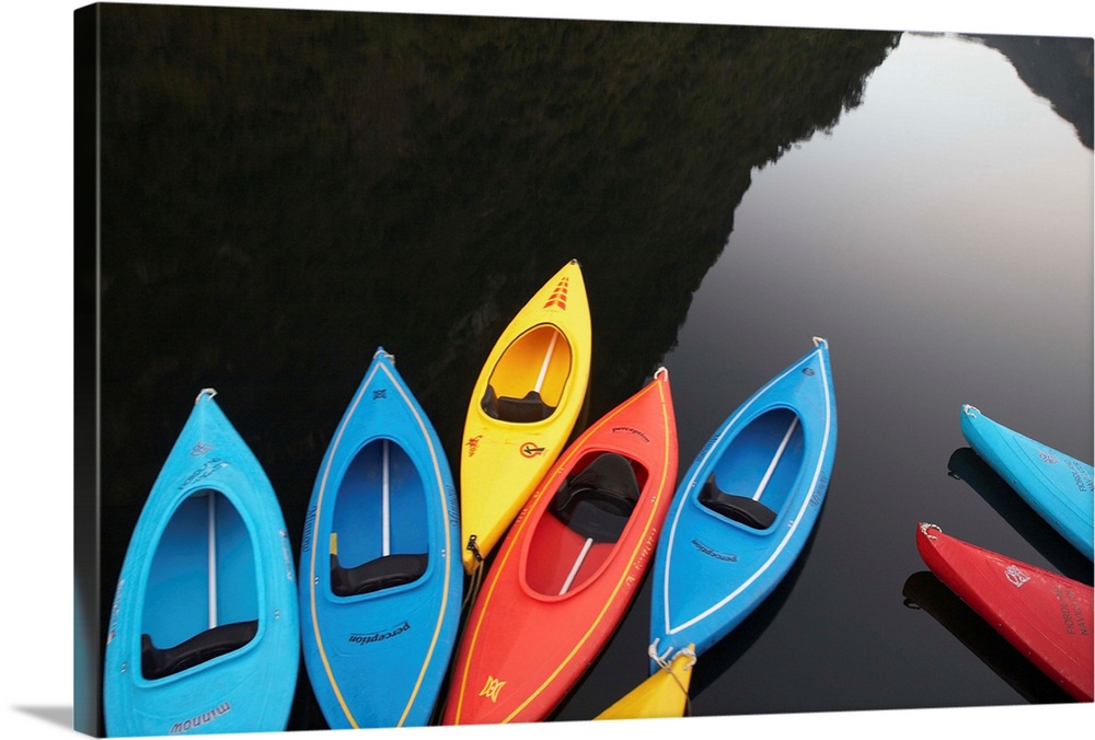 Colorful plastic kayaks tethered to a boat floating in Milford Sound in the early morning.