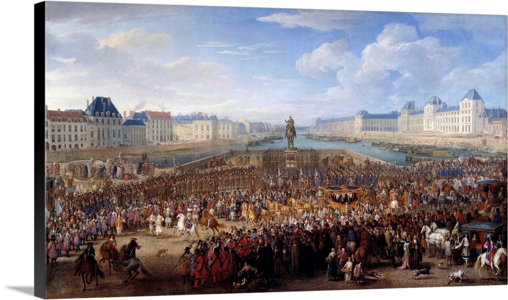 King Louis XIV (1638-1715) in triumphal carriage crossing the Pont Neuf in Paris. Painting by Adam Frans van der Meulen (1...