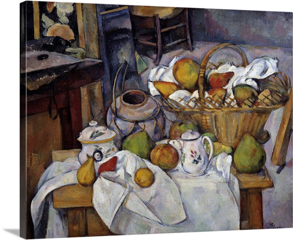 Kitchen table or Still-life with Basket. Objects and fruits assembled on a table. Painting by Paul Cezanne (1839-1906) 188...