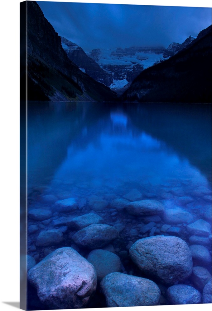 Lake Louise after sunset on a very cloudy and cold day.