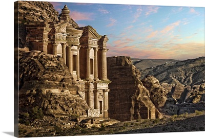 Landscape scene from Petra, Jordan. Monastery, carved into side of rock face.