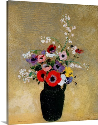 Large Green Vase With Mixed Flowers By Odilon Redon