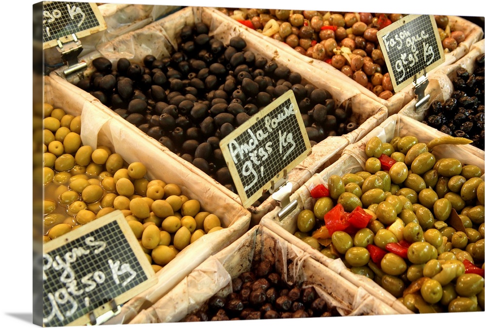 Large open boxes of black and green olives for sale in extensive Sunday street market, held in Boulevard de Grenelle, 7th ...