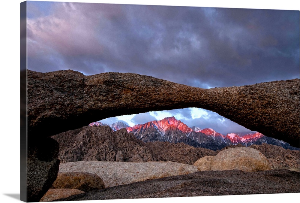 Lathe Arches at sunrise in Alabama Hills with Mt Whitney in background.