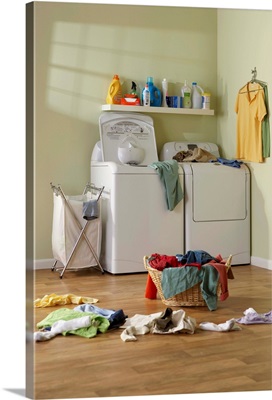 Laundry room with clothes on floor
