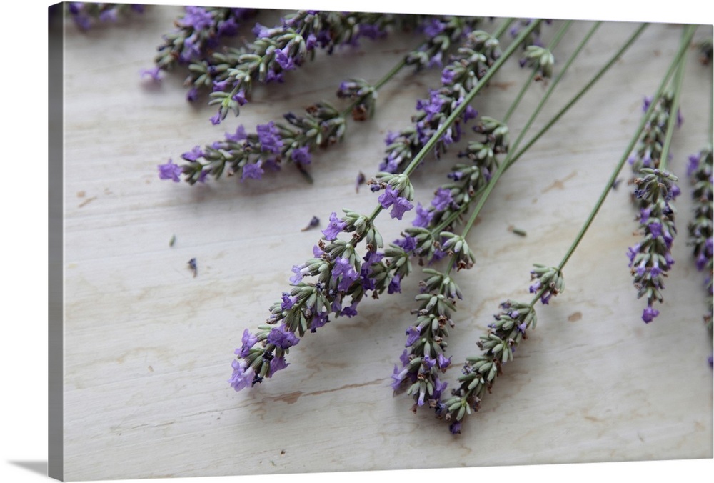 Big photo on canvas of lavender flowers laying on a wooden surface.