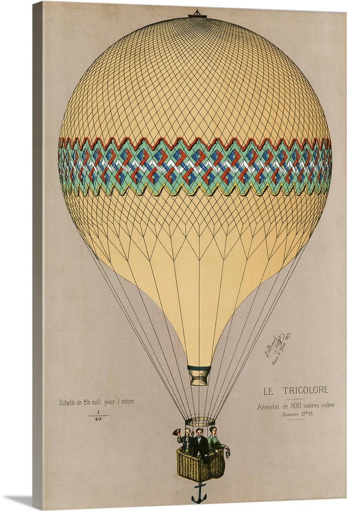 Print shows the French Le Tricolore balloon in the colors of the French flag with three passengers, possibly Jules Duruof,...