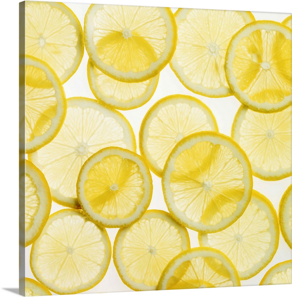 This large piece is of all different sized lemon slices that have been laid onto an illuminated surface so that you can se...