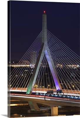 Leonard Zakim Bridge and Route 93 at dusk, Boston, Massachusetts