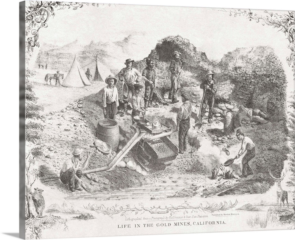 Lettersheet showing operations at a California mining camp, lithograph on blue paper from a photograph by Fishbourne and G...