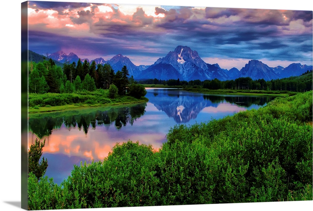 Giant, landscape photograph of morning light breaking through a stormy cloud cover over the Snake River, at Oxbow Bend in ...