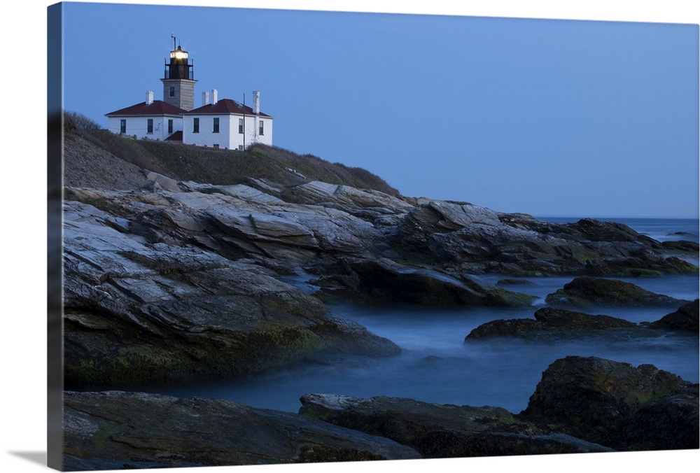 Lighthouse at Beavertail State Park, Jamestown, RI, at dusk.