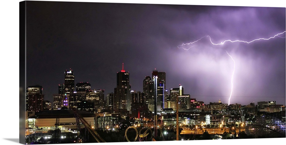 Lightning bolts over Denver, Colorado.