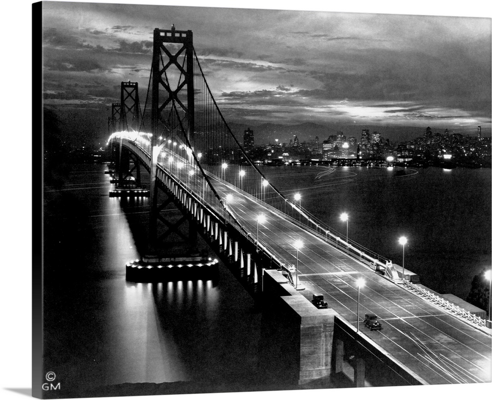 Lights illuminate the San Francisco Oakland Bay Bridge after its completion in 1936. The bridge, designed by Charles H. Pu...