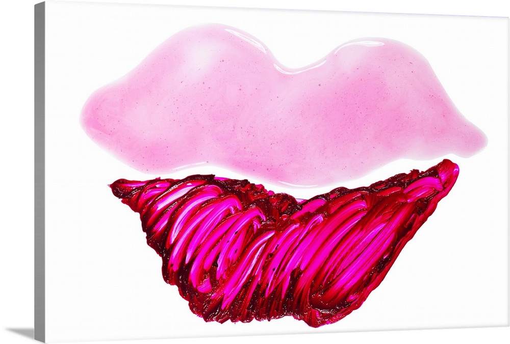 Lip gloss and lipstick smeared into a lip shape on a white surface.