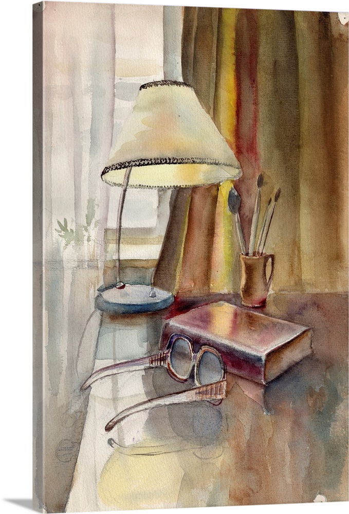 Watercolor still life of a book, eyeglasses, and vase with brushes and a table vintage lamp on a polished wooden desk near...