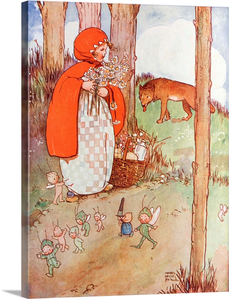 Little Red Riding Hood in the forest. Early 20th century childrens' book illustration by Mabel Lucie Attwell.