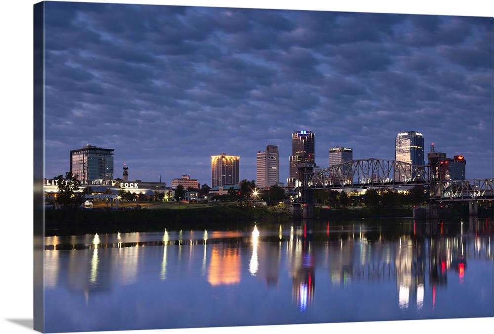 USA, Arkansas, Little Rock, city skyline from the Arkansas River, dawn