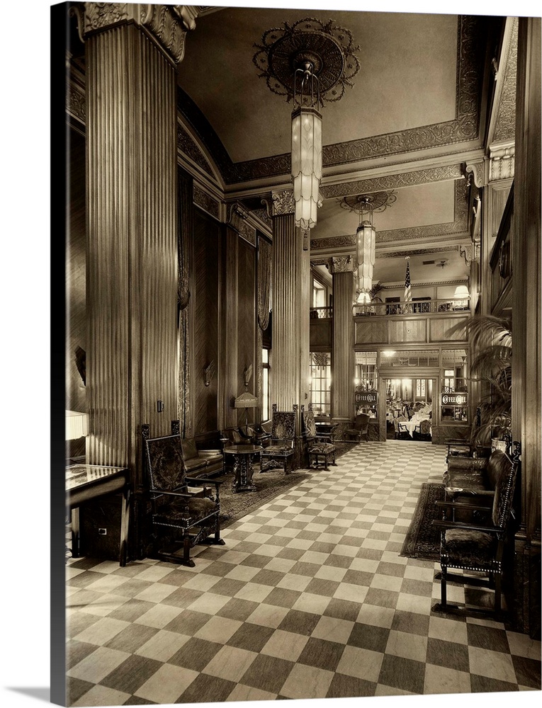 Photo shows the lobby in the Hotel Lennox, St. Louis, Missouri, looking toward the coffee grill. Undated.