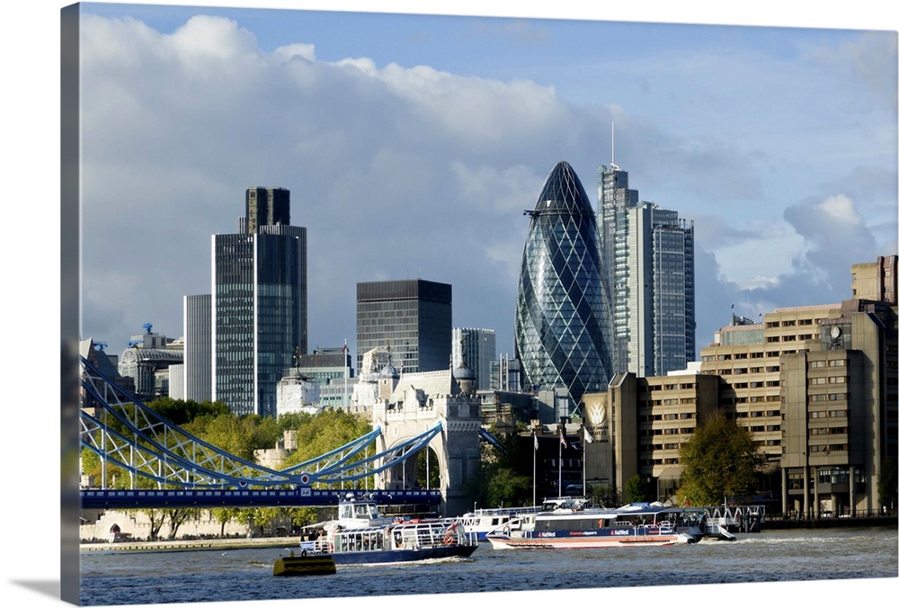 Cityscape of City of London financial center acts as a backdrop for River Thames. This 2010 City skyline shows newly compl...
