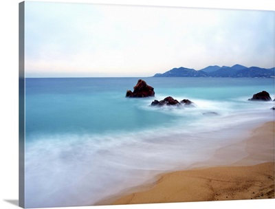 Long exposure of blue sea in Cannes, French Riviera.