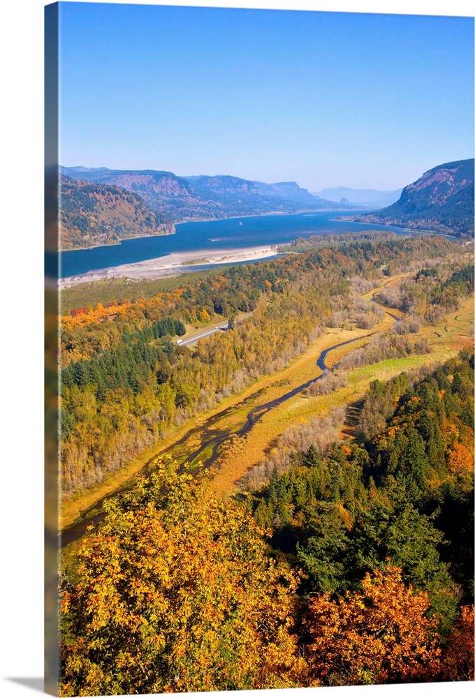 fall colors add beauty to view point looking East up the Columbia River, Columbia River Gorge National Scenic Area, Oregon...