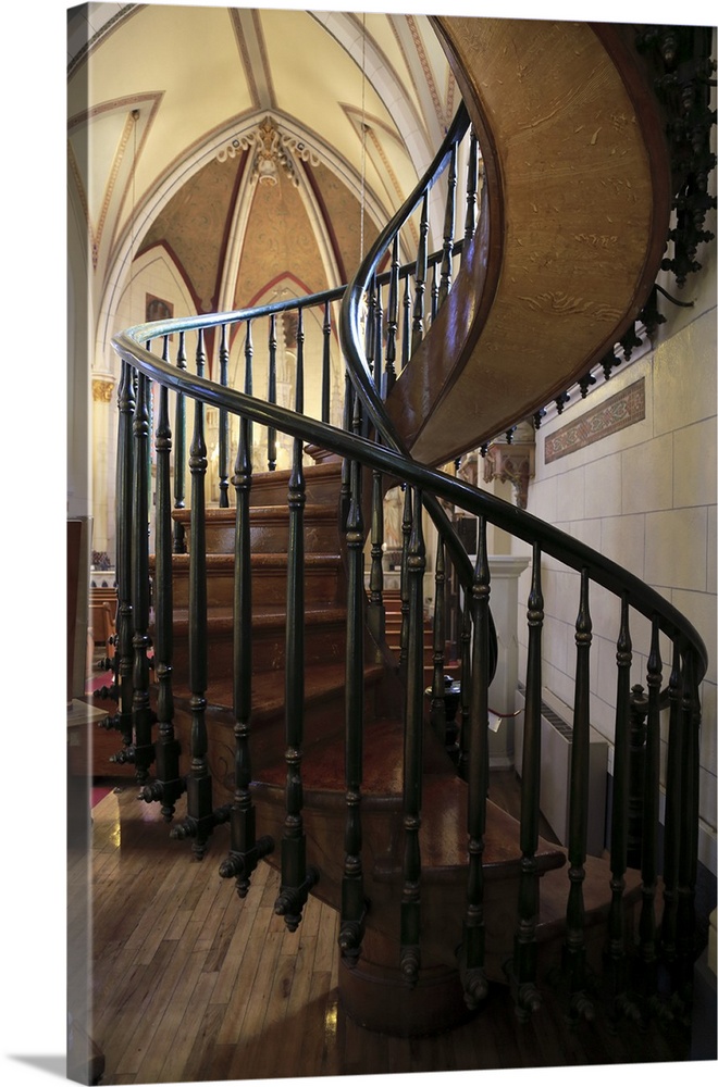 A closed up view of the Miraculous Staircase inside of Loretto Chapel