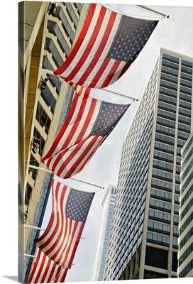 Low angle view at American flags in downtown district of Philadelphia