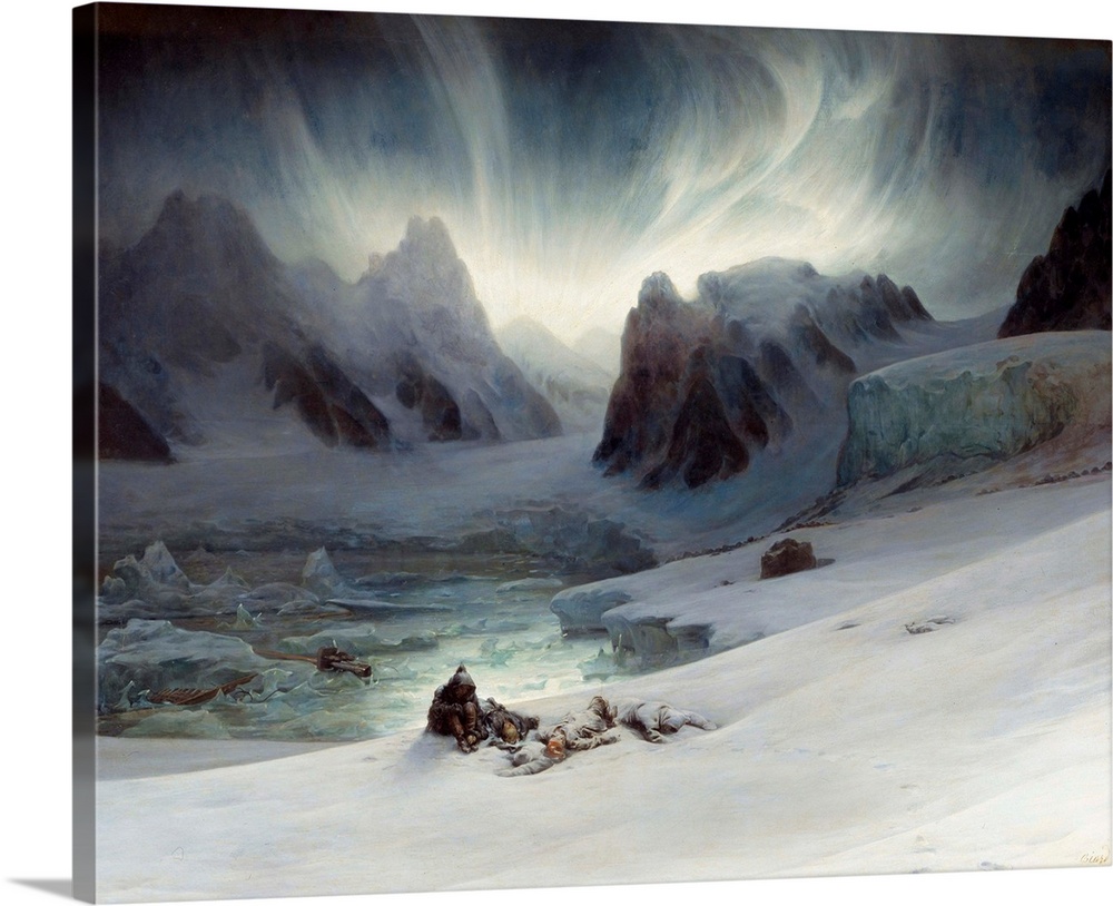 Magdalena Bay seen from the half-island of the tombs, North of Spitzbergen. Aurora Borealis effect. Painting by Francois A...