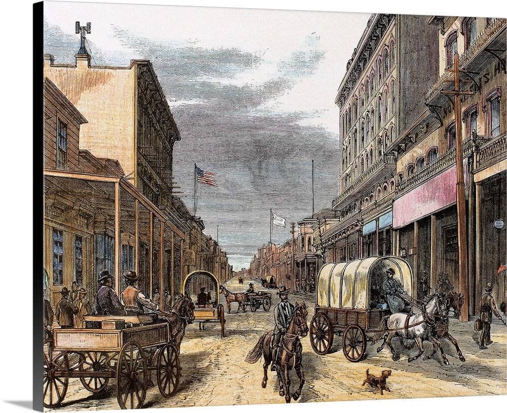 Virginia City in 1870. Main street. United States. Engraving.