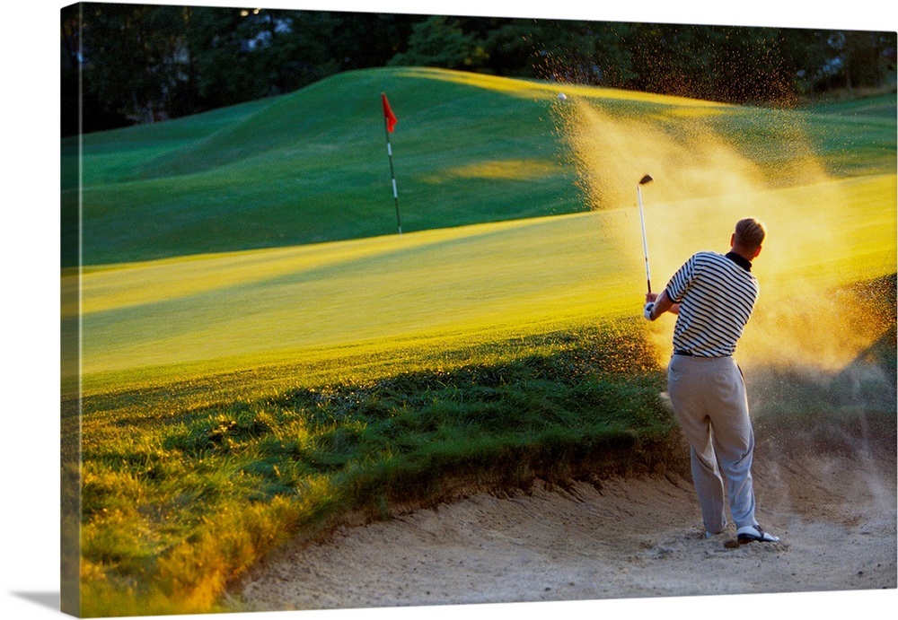 Man hitting golf ball out of sand trap Wall Art, Canvas Prints, Framed