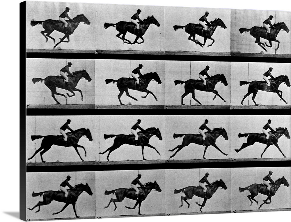 A man rides a galloping horse in a series of photographs depicting motion.