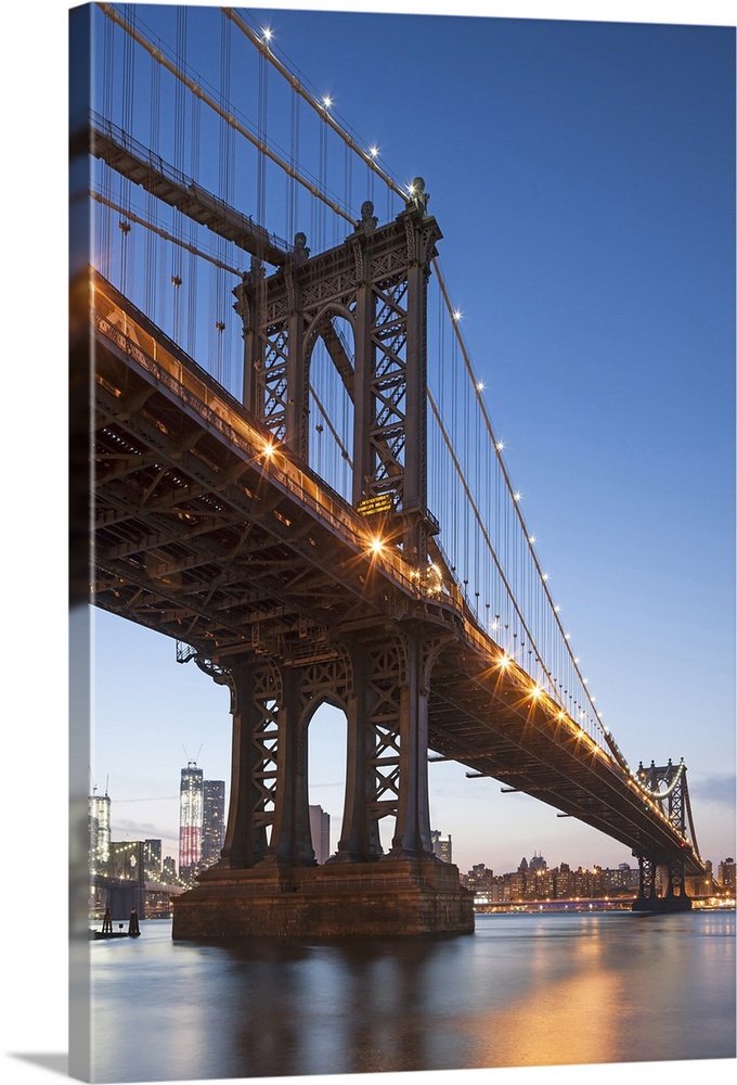 Manhattan Bridge and Lower East Side at dusk in New York, New York State, USA