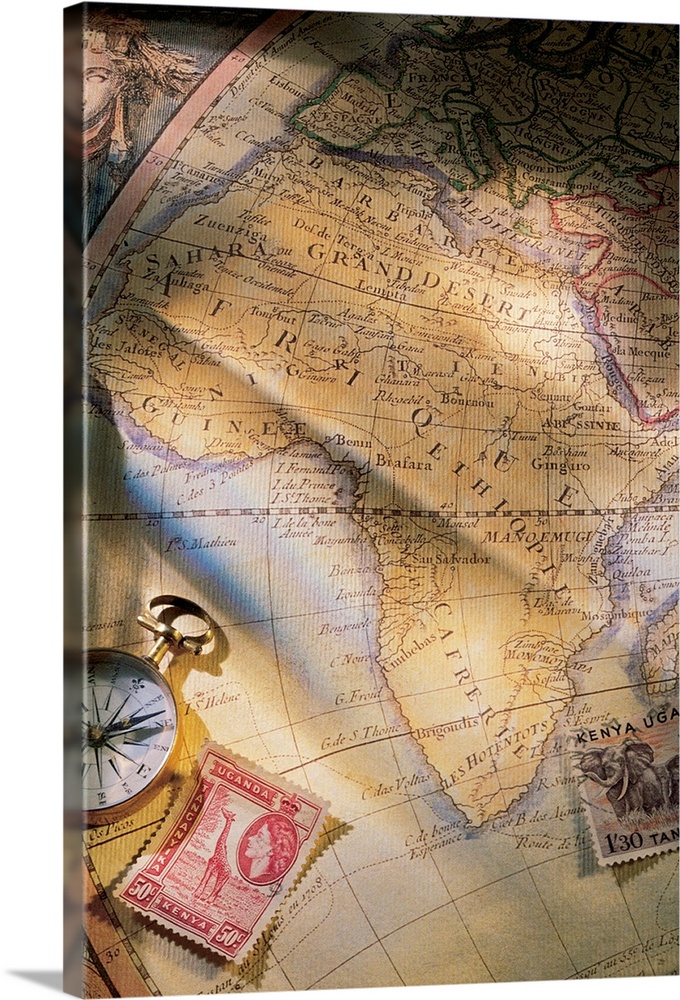 Map of Africa with compass and stamps