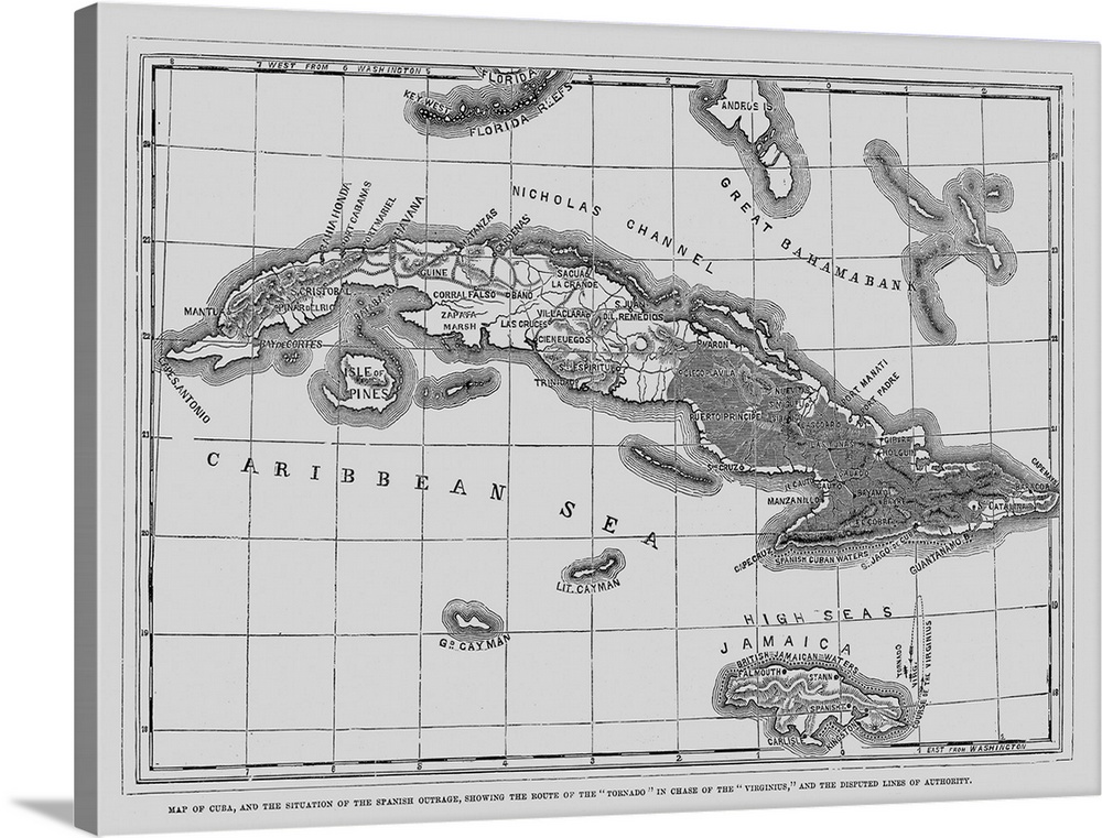 A map of Cuba which appeared in Frank Leslie's Illustrated Newspaper on November 29, 1873, with the caption Map of Cuba, a...