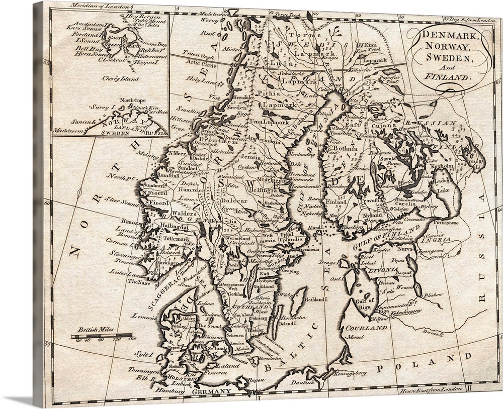 Map of Denmark, Norway, Sweden and Finland. Undated engraving.