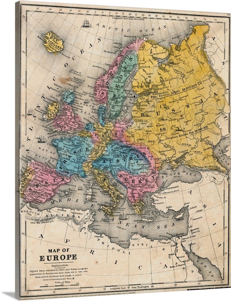 1847 Map of Europe, by Cady and Burgess of New York.