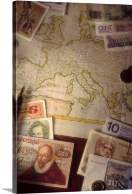 Map of Europe with various European currencies