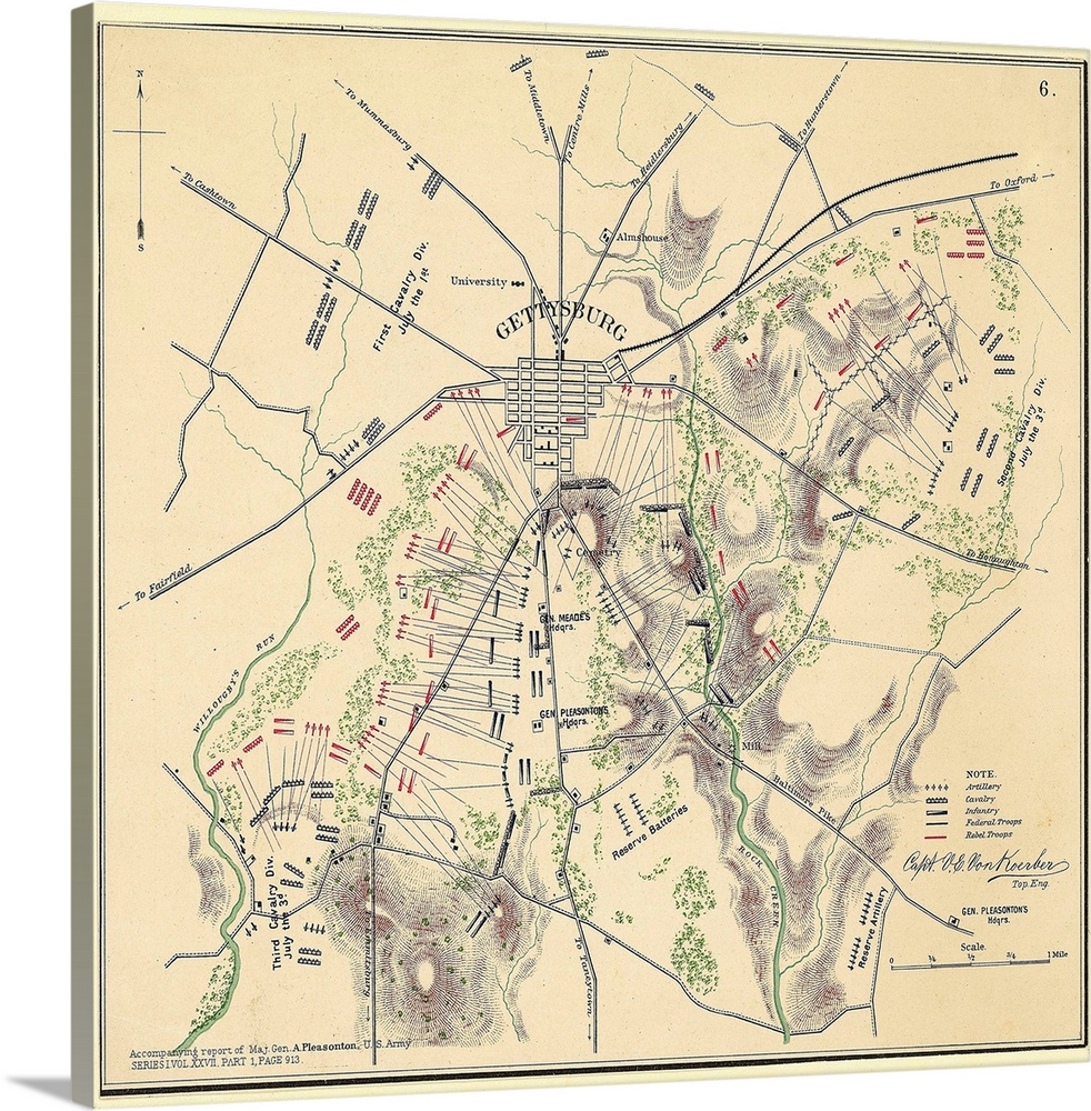 Map of Gettysburg showing Civil War artillery, cavalry and infantry positions. Undated color slide.
