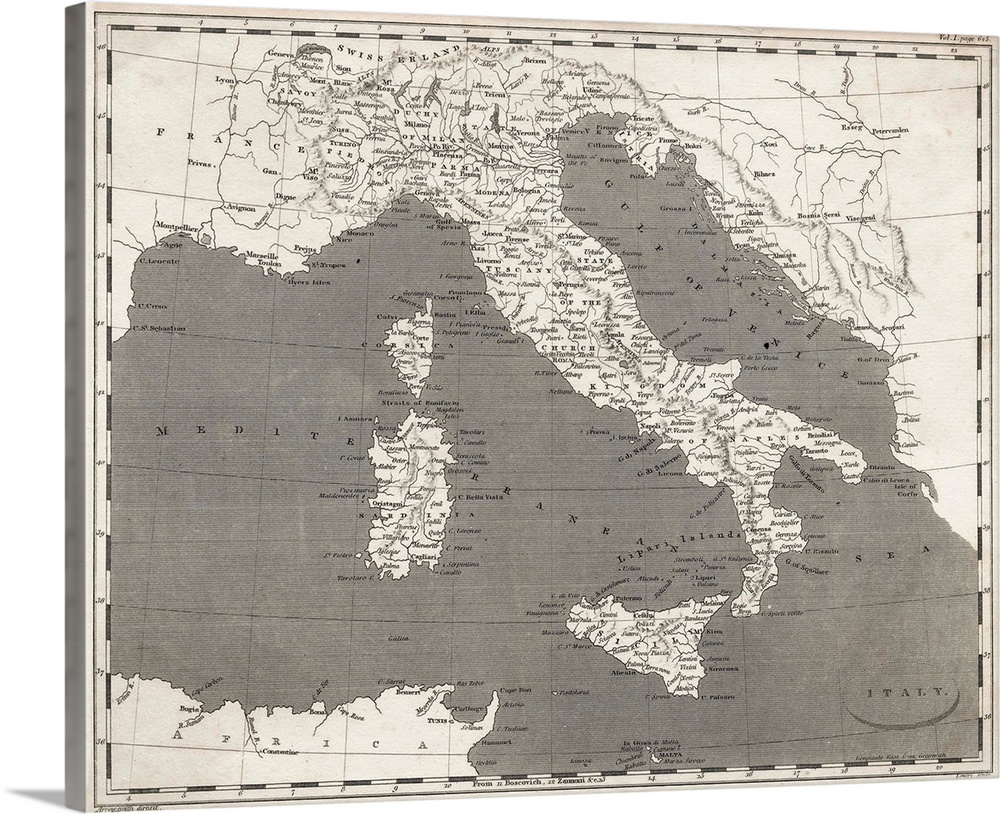 Map of Italy, with the Mediterranean. Undated engraving, circa late 19th Century.