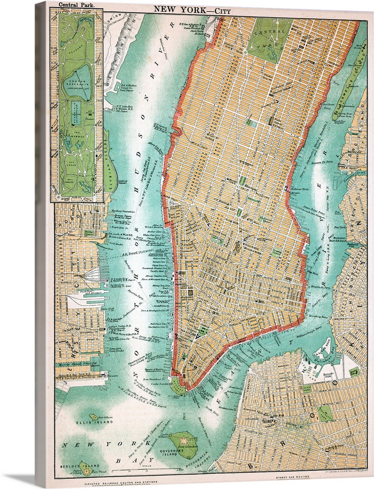 Map of lower Manhattan and Central Park, New York City, lithograph, circa 1890.