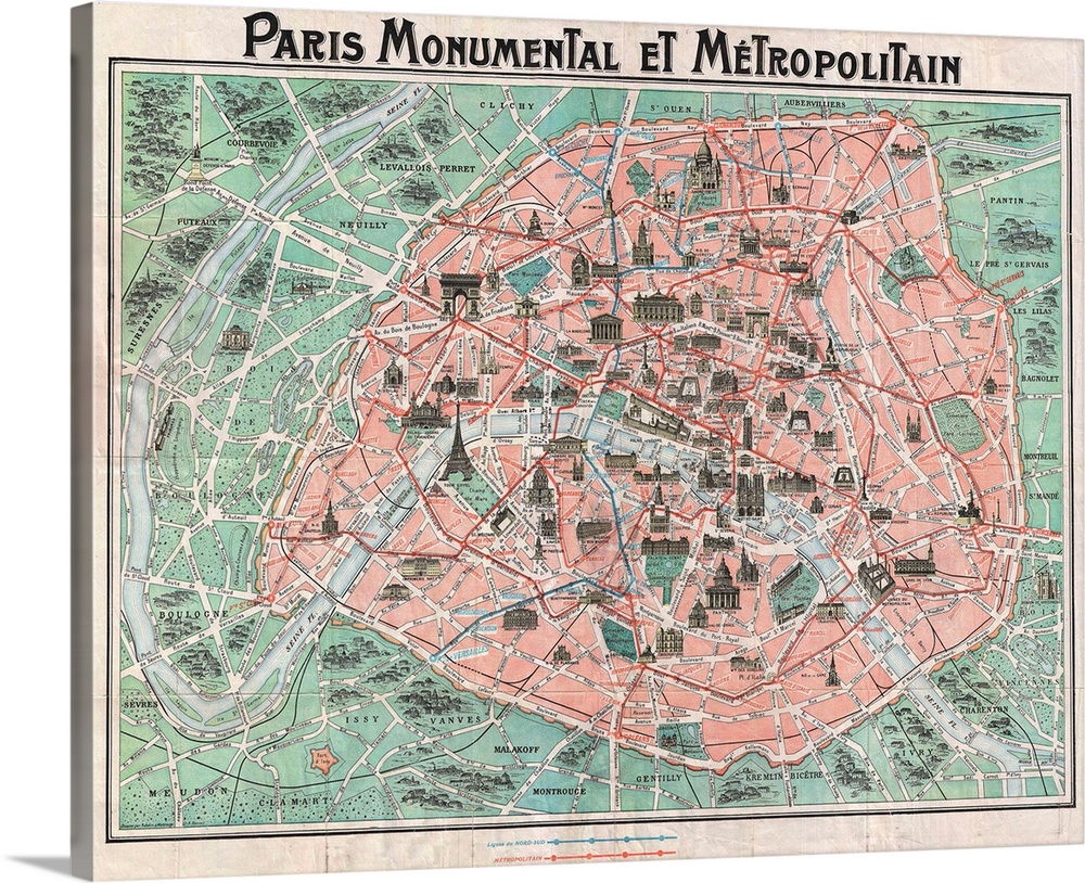 Paris Monumental et Metropolitain, a 1932 tourist map of Paris with all major monuments and the train and metro lines show...