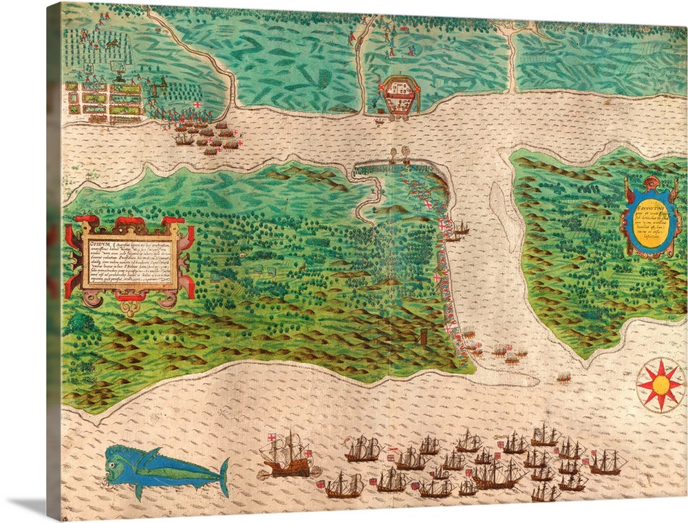Map and views illustrating Sir Francis Drake's West Indian voyage, 1585-1586. Published 1589.