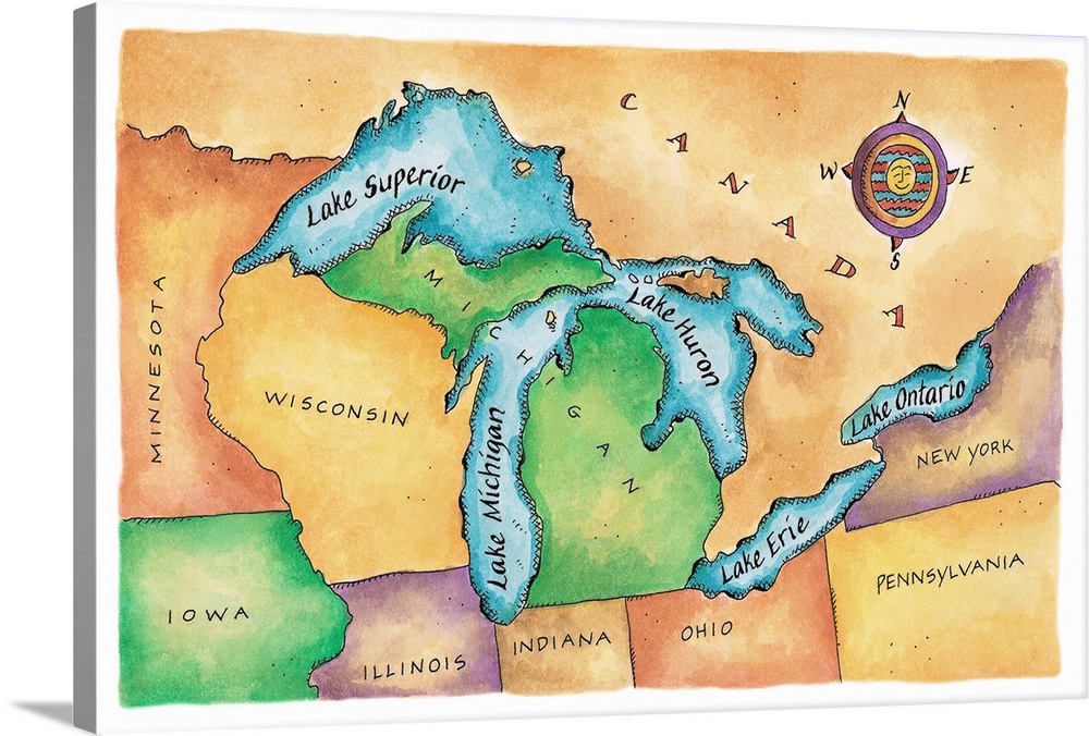 Map of the Great Lakes Wall Art, Canvas Prints, Framed Prints, Wall