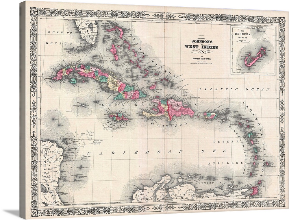 Map of the West Indies and Caribbean by A.J. Johnson, 1866. Engraving. Published in New York. Private collection.