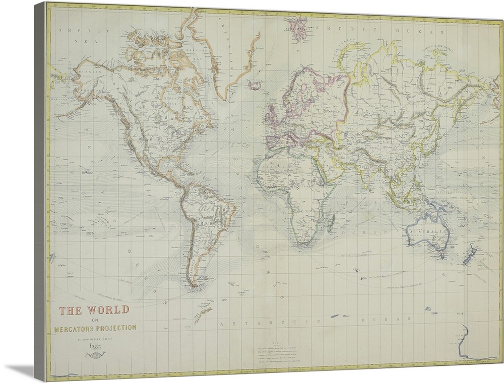 Big horizontal wall hanging of a detailed map of the world on a light, neutral background.