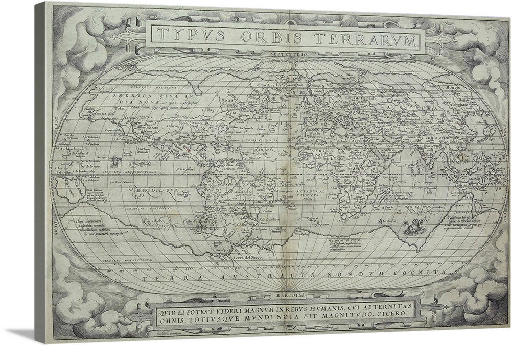 This large piece is an antique black and white map of earth.